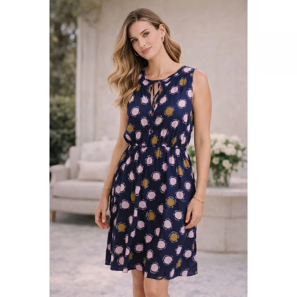 Boden Dress Size 6 Blue Pink‎ Gold Polka Dot Sleeveless Knee Length Cotton Lined